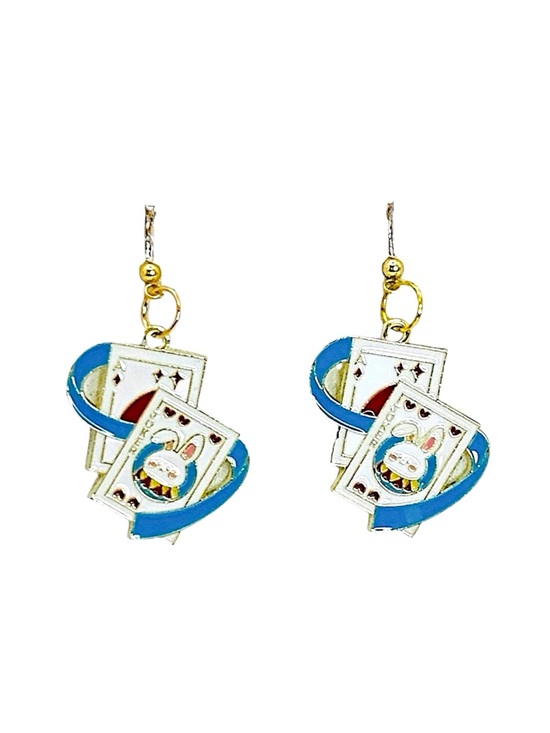 Alaska wild Rose designs Jewelry - Rabbit Playing Card Earrings & Blue Accents Alice in Wonderland theme